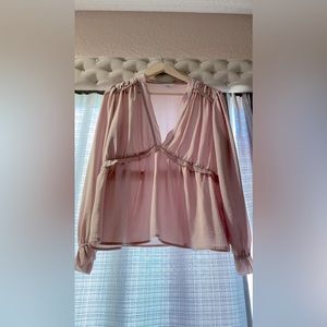 LUCKY BRAND Light Pink Satin V Neck Baby Doll Blouse Size Medium